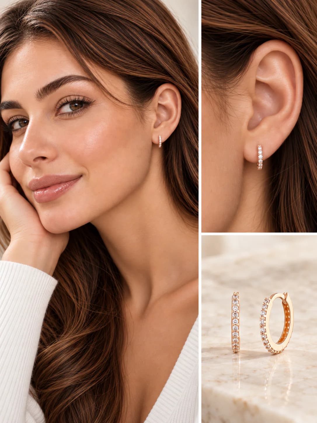 14 Ayar Rose Altın 10mm Taşlı Halka Küpe